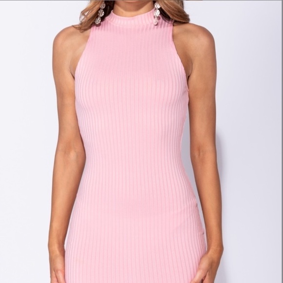 NWT Baby Pink High Neck Rib Sleeveless Bodycon Mini Dress - Picture 3 of 8